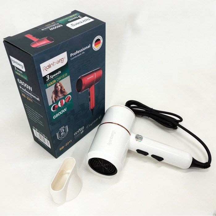 Фен для укладання та сушіння волосся Rainberg RB-2211 + насадка-концентратор. Колір: білий