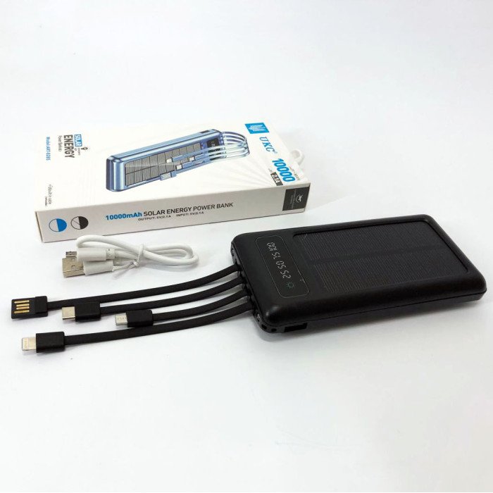 Портативний зарядний пристрій на 10000mAh, Power Bank на сонячній батареї, заряджання. Колір: чорний