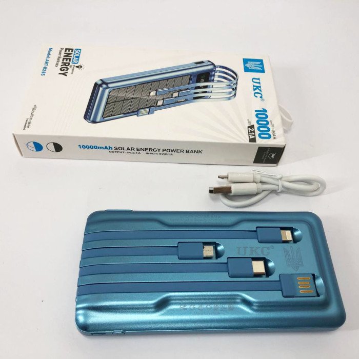Портативний зарядний пристрій на 10000 mAh, Power Bank на сонячній батареї, заряджання. Колір: синій