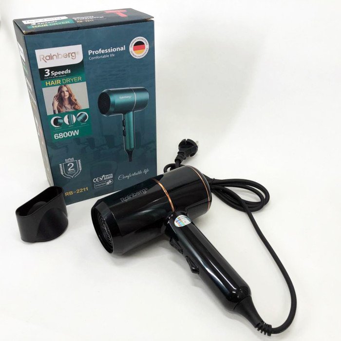 Фен для укладання та сушіння волосся Rainberg RB-2211 + насадка-концентратор, професійний фен. Колір: чорний