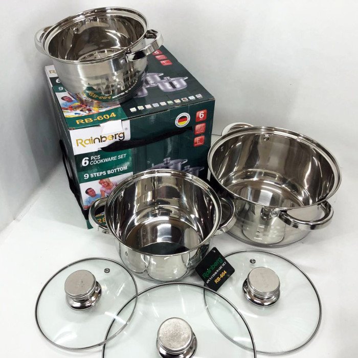 Набір каструль Rainberg RB-604 нержавіюча сталь, капсульне 9-ти шарове дно (3 каструлі 3 кришки)