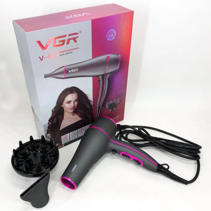 Професійний потужний фен з насадками VGR V-402 з концентратором та дифузором для сушіння та укладання волосся