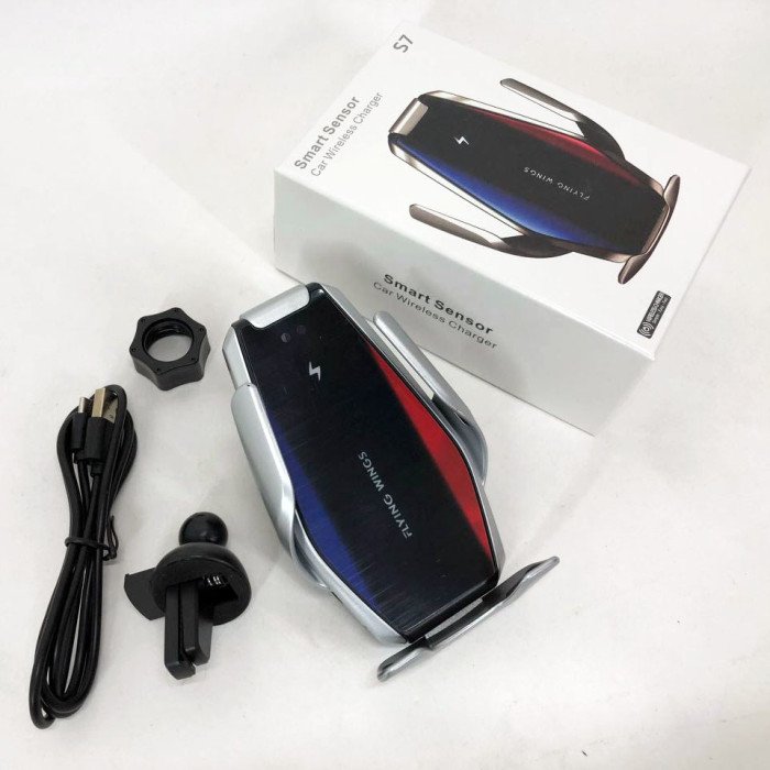 Автомобільний тримач S7 для телефону з бездротовим швидким заряджання flying wings. Колір: срібний