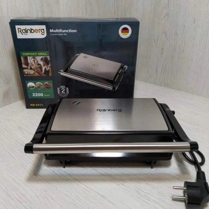 Електрогриль притискний Rainberg RB-5411 з антипригарним покриттям 2200 Вт, нержавіюча сталь