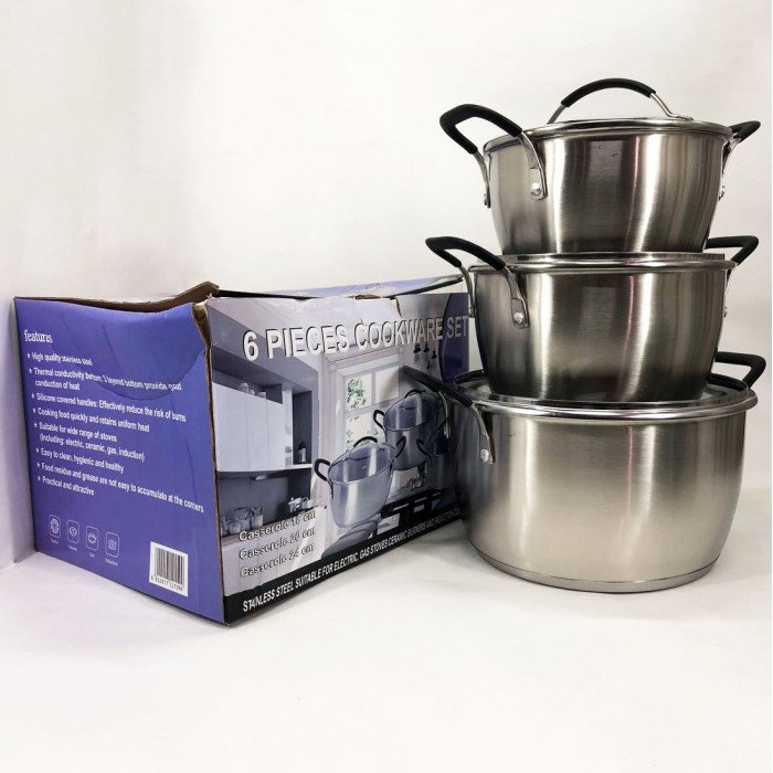 Набір каструль 6 предметів LB-1891 із нержавіючої сталі зі скляною кришкою, набори каструль
