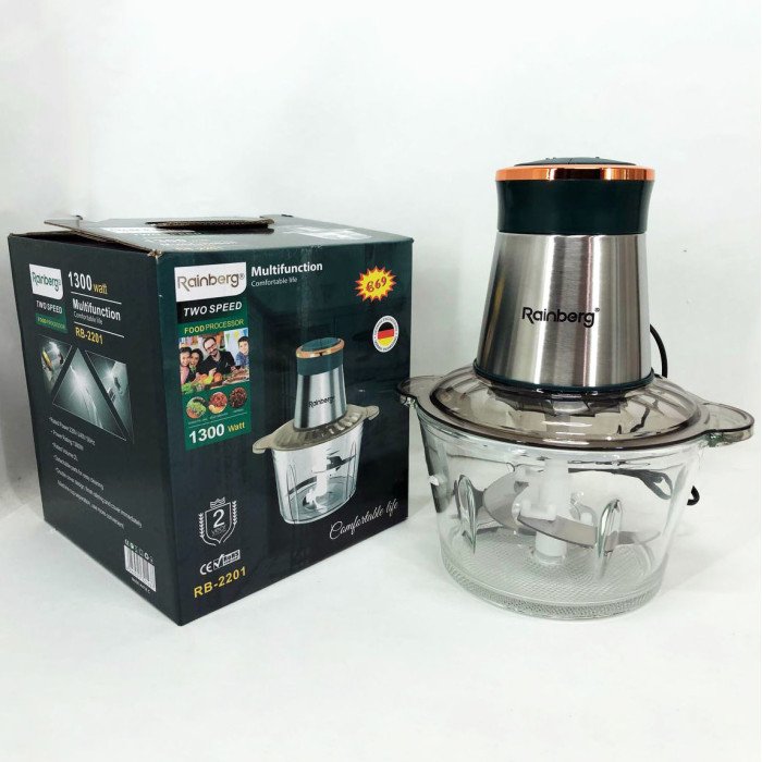 Блендер стаціонарний Rainberg RB-2201 кухонний подрібнювач 1300W чаша скляна на 2 л подвійне лезо чоппер