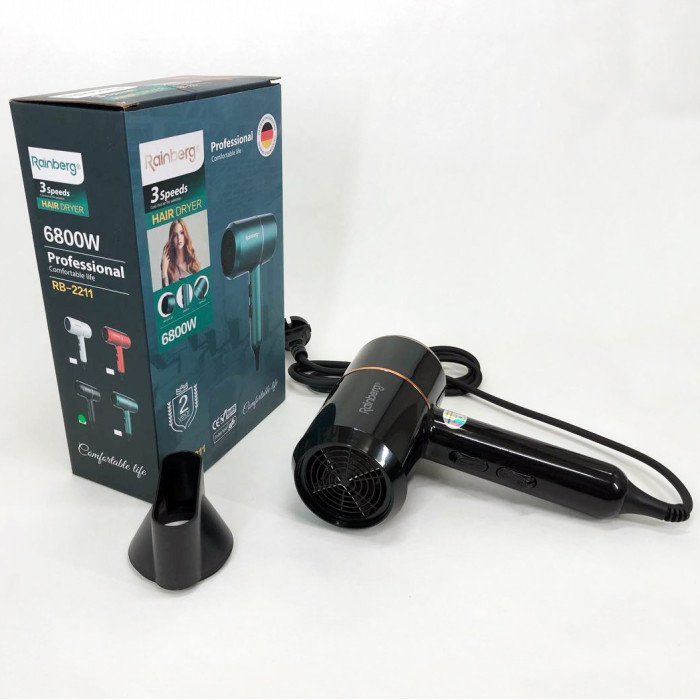 Фен для укладання та сушіння волосся Rainberg RB-2211 + насадка-концентратор, професійний фен. Колір: чорний