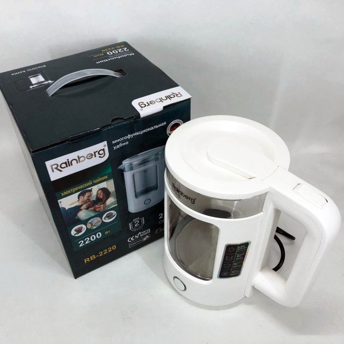 Електрочайник Rainberg RB-2220 скляний дисковий прозорий. Чайник із підсвічуванням 2200W. Колір: білий