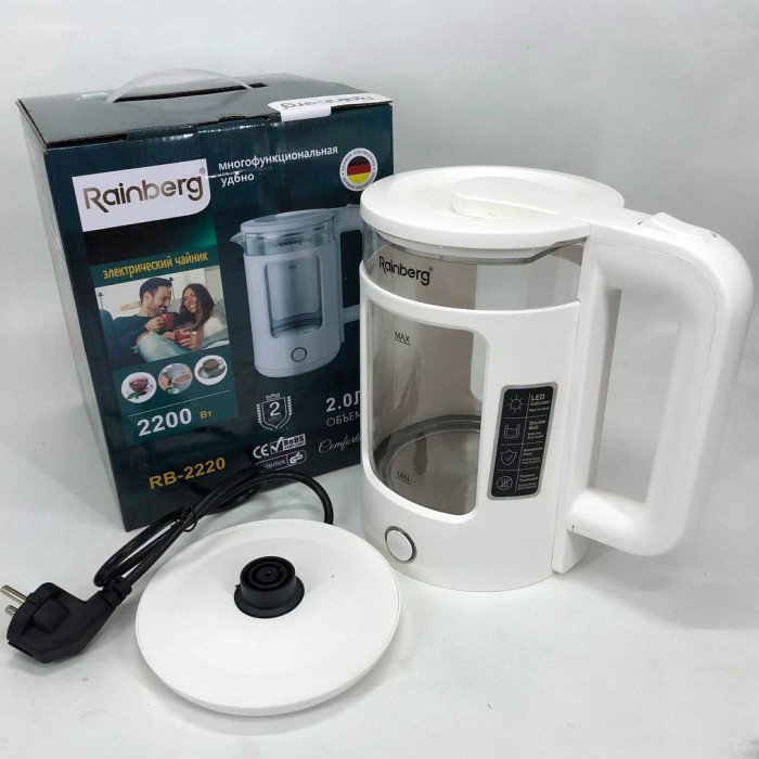 Електрочайник Rainberg RB-2220 скляний дисковий прозорий. Чайник із підсвічуванням 2200W. Колір: білий