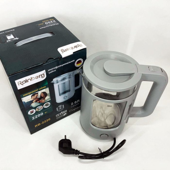 Електрочайник Rainberg RB-2220 скляний дисковий прозорий. Чайник із підсвічуванням 2200W. Колір: сірий