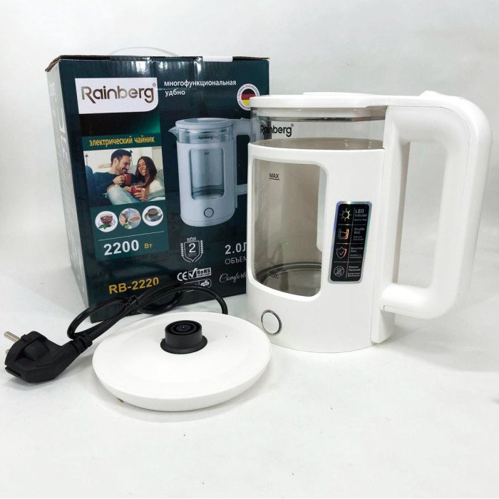 Електрочайник Rainberg RB-2220 скляний дисковий прозорий. Чайник із підсвічуванням 2200W. Колір: білий