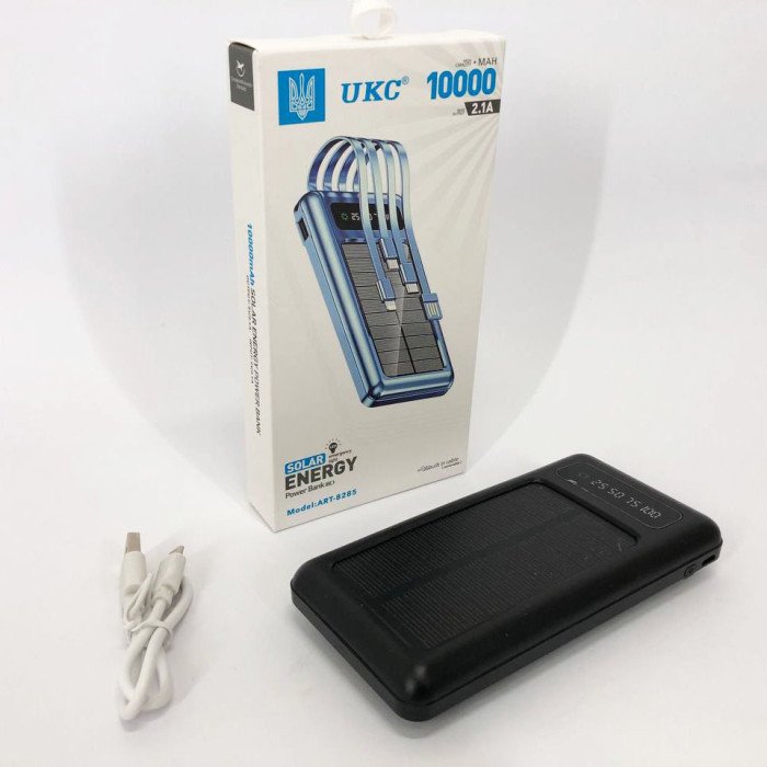 Портативний зарядний пристрій на 10000mAh, Power Bank на сонячній батареї, заряджання. Колір: чорний