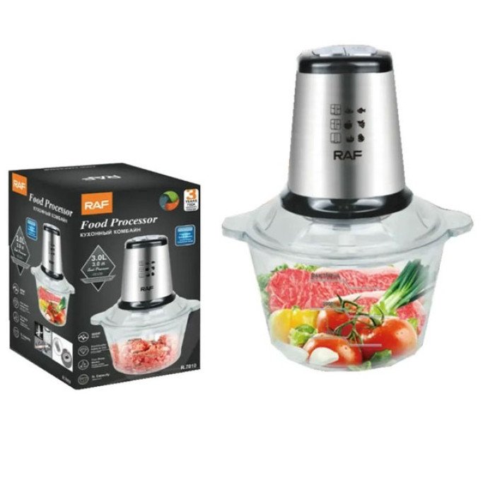 Електричний подрібнювач кухонний RAF R.7010 чоппер зі скляною чашею на 3 літри з потужністю 800 Вт