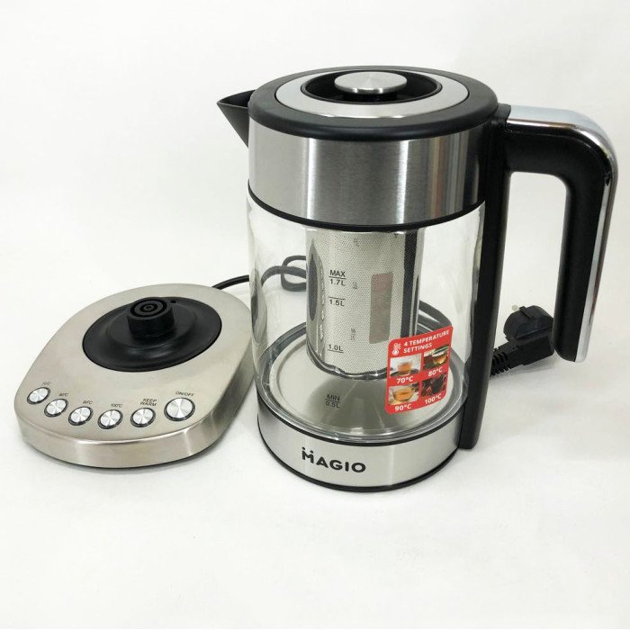 Електрочайник MAGIO MG-494, чайник прозорий з підсвічуванням, чайник дисковий, електрочайник з підсвічуванням