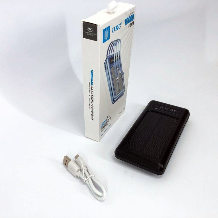 Портативний зарядний пристрій на 10000mAh, Power Bank на сонячній батареї, заряджання. Колір: чорний