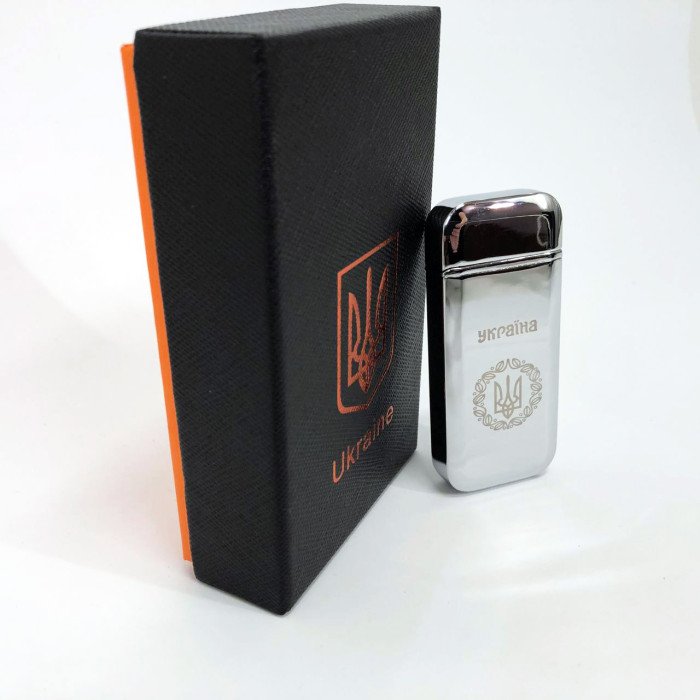 Дугова електроімпульсна запальничка USB Герб України індикатор заряду, ліхтарик HL-442. Колір: срібло