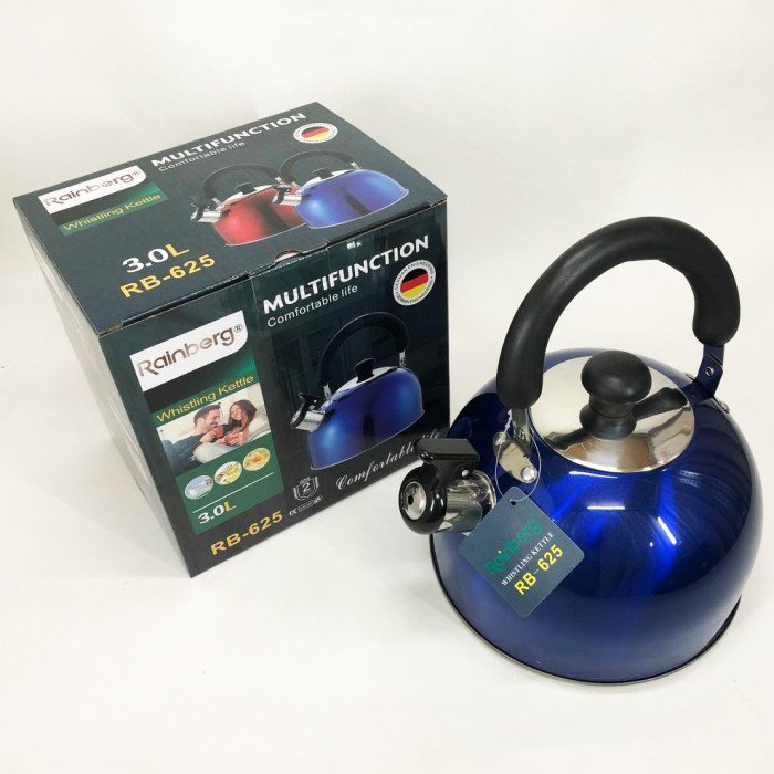 Чайник Rainberg RB-625 із нержавіючої сталі зі свистком 3л гарний чайник для газової плити. Колір: синій