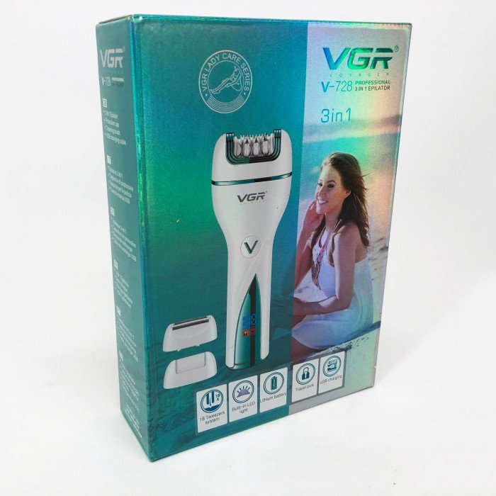 Епілятор акумуляторний жіночий 3 в 1 VGR V-728 Бездротовий електроепілятор пемза бритва для ніг і рук