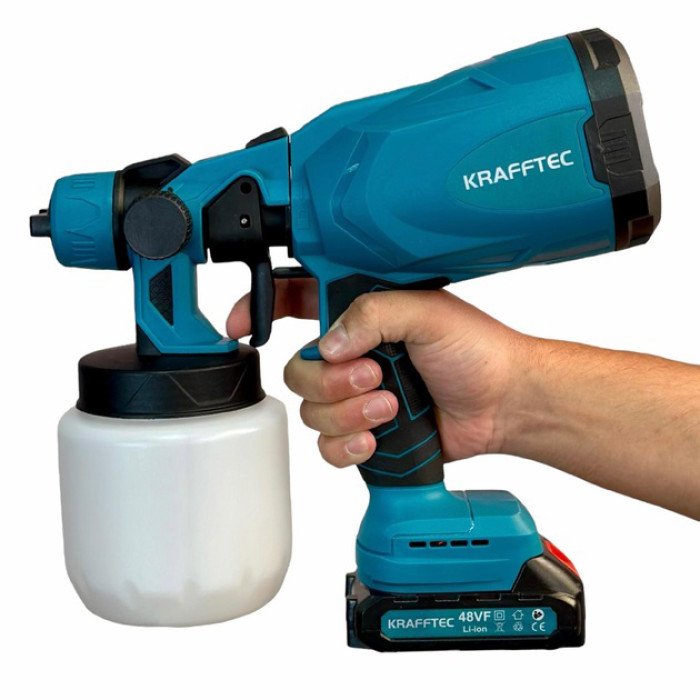 Краскопульт акумуляторний Krafftec 48V/2Ah, 600 W, 800 мл, фарборозпилювач портативний, 2 акумулятори