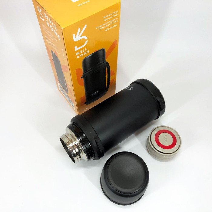 Термос вакуумний Well Done WD-7041B 1.5 літра, Термос для дитини до школи. Колір: чорний