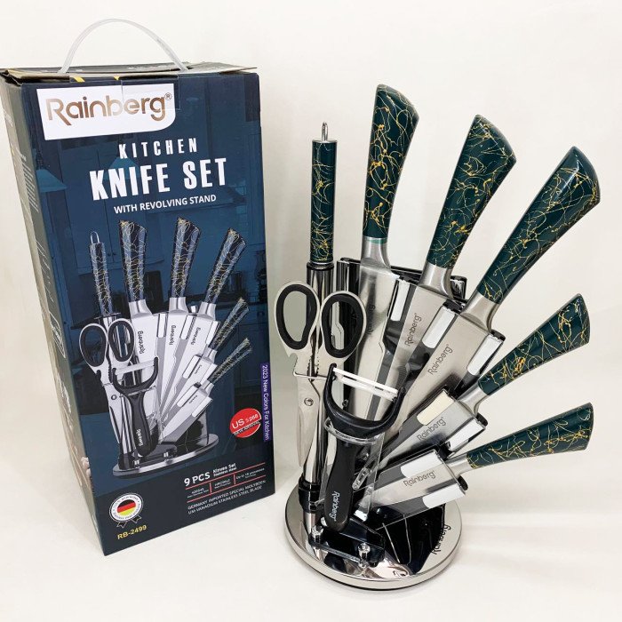 Набір кухонних ножів Rainberg RB-2499 8 предметів на підставці, що обертається Green
