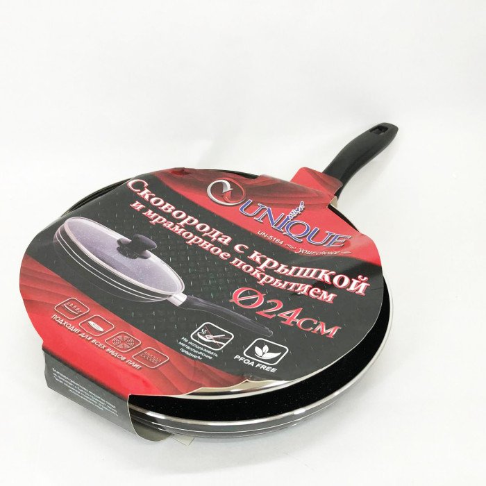 Сковорода з кришкою 24 см чорний мармур UNIQUE UN-5164 | Антипригарна сковорода Мармурова сковорода