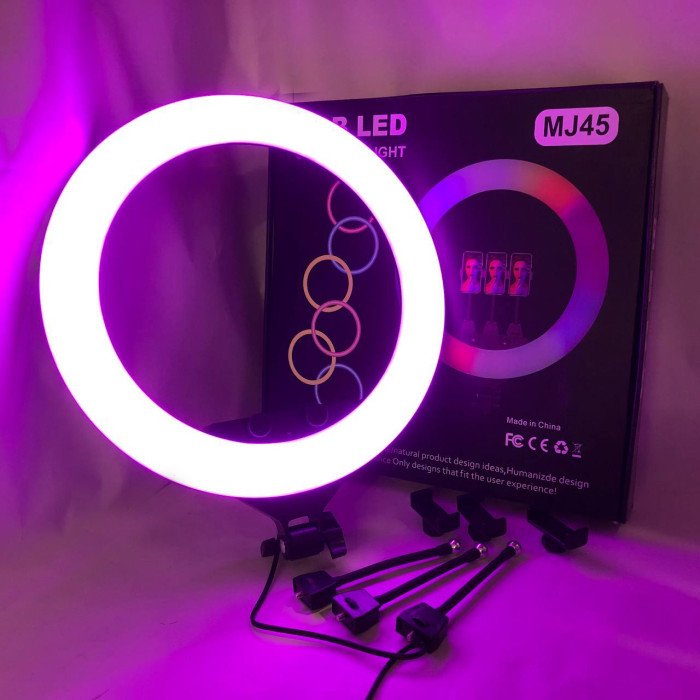 Кільцева LED лампа RGB MJ45 Ring 45 см комплектація адаптер із вбудованим кабелем, тримачі для телефону, пульт