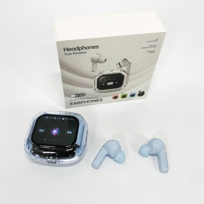 Бездротові вакуумні навушники TWS з дисплеєм LED, вологозахист IPx4 Bluetooth 5.4 з кейсом. Колір: блакитний