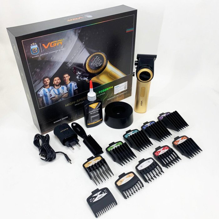 Професійна машинка для стрижки волосся VGR V-001 з дисплеєм 9000 об/хв та 10 насадками. Колір: золотий