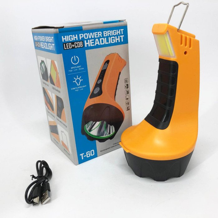 Ліхтар ручний T60-3W-COB з гаком, Освітлення для кемпінгу, Лампа для кемпінгу акумуляторна