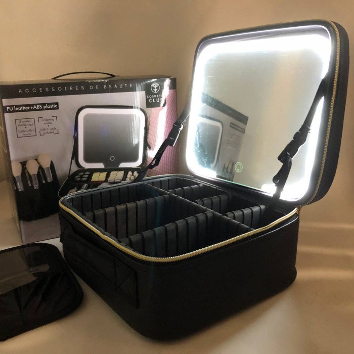 Портативна косметичка органайзер дорожній бьюті кейс з ручкою для перенесення дзеркалом та світлодіодним LED-підсвічуванням