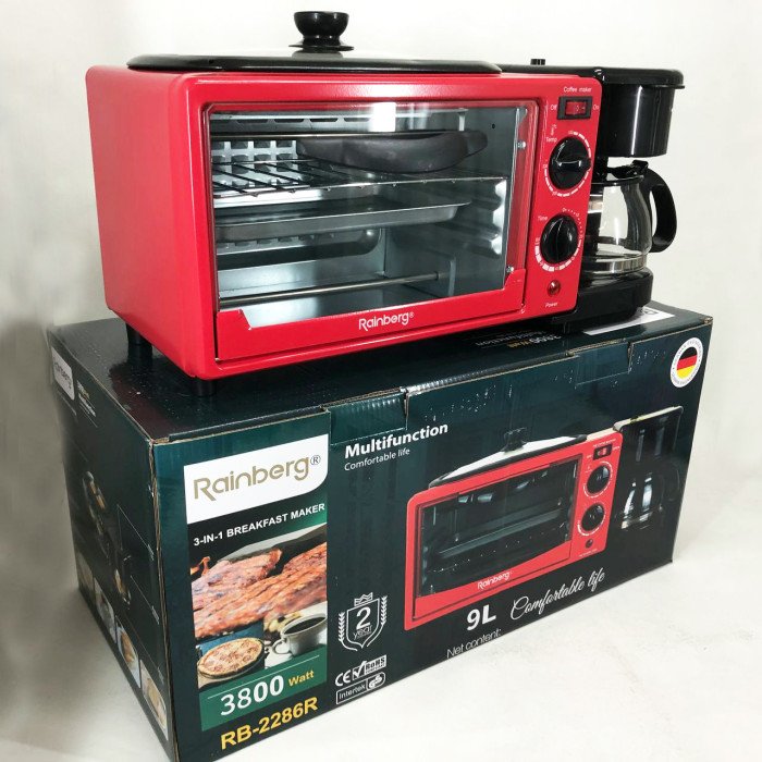 Електрична піч для сніданку 3в1 Rainberg RB-2286R 3800 Вт (піч, кавоварка, поверхня для смаження)