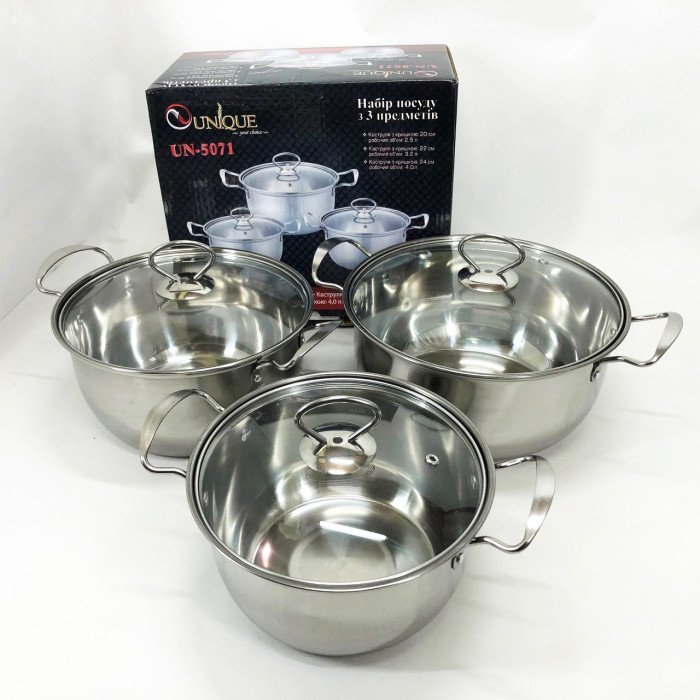Набір каструль із нержавіючої сталі UNIQUE UN-5071 6 предметів, Каструлі з прозорими кришками