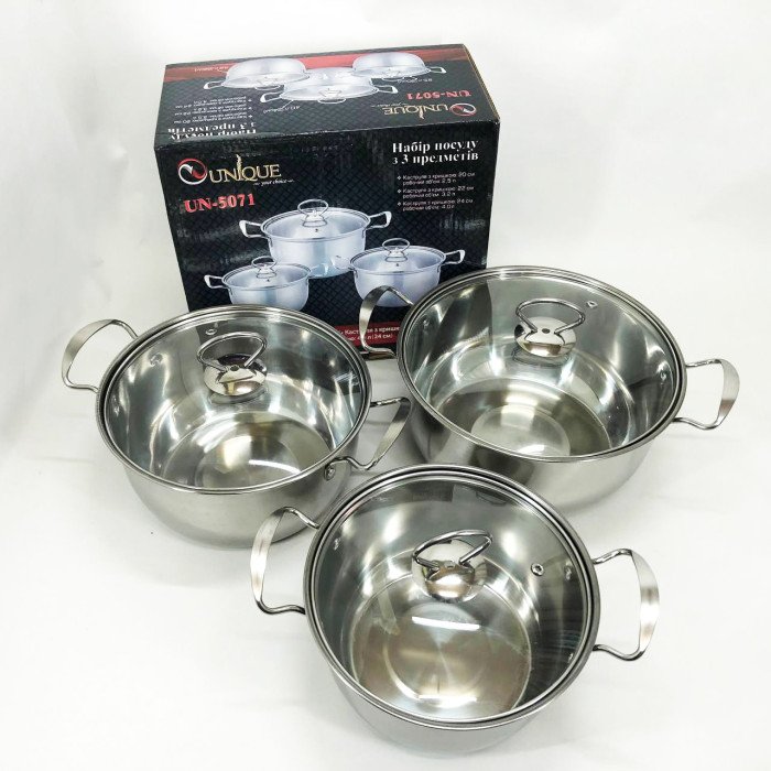 Набір каструль із нержавіючої сталі UNIQUE UN-5071 6 предметів, Каструлі з прозорими кришками