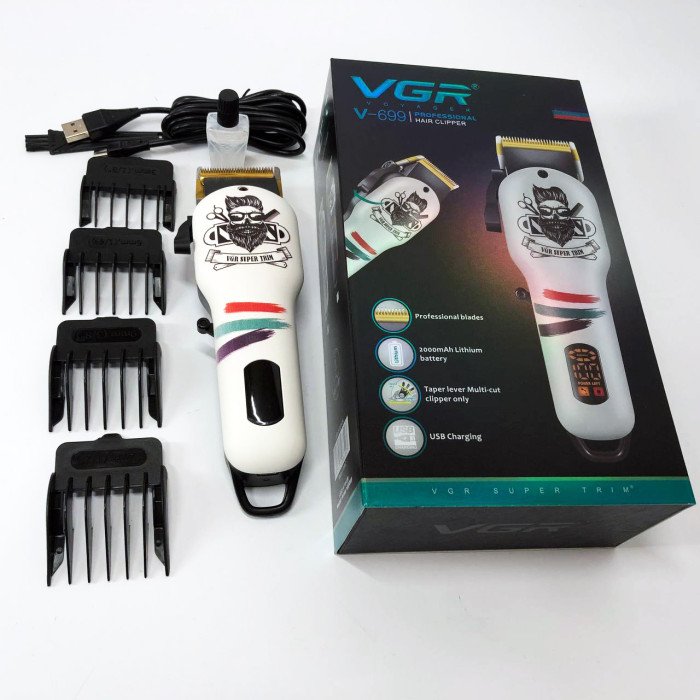 Машинка для стрижки волосся та бороди професійна VGR V-699 B з насадками та LED дисплеєм. Колір: білий