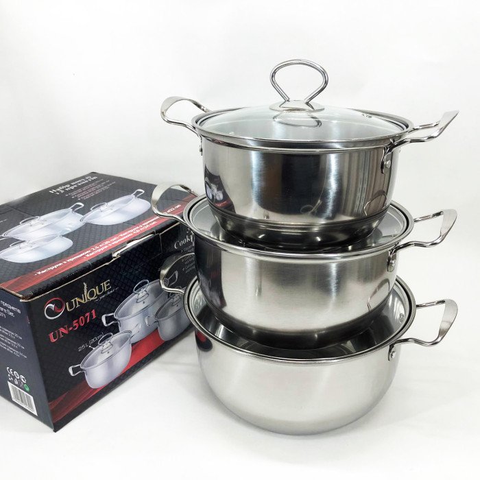 Набір каструль із нержавіючої сталі UNIQUE UN-5071 6 предметів, Каструлі з прозорими кришками