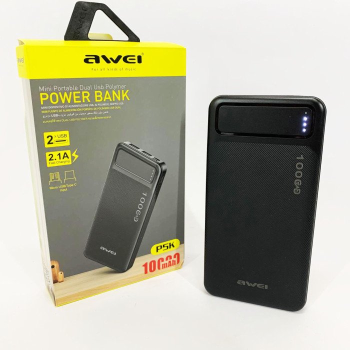 Power Bank Awei P5K 10000 mah Портативне зарядне УМБ 2xUSB чорний