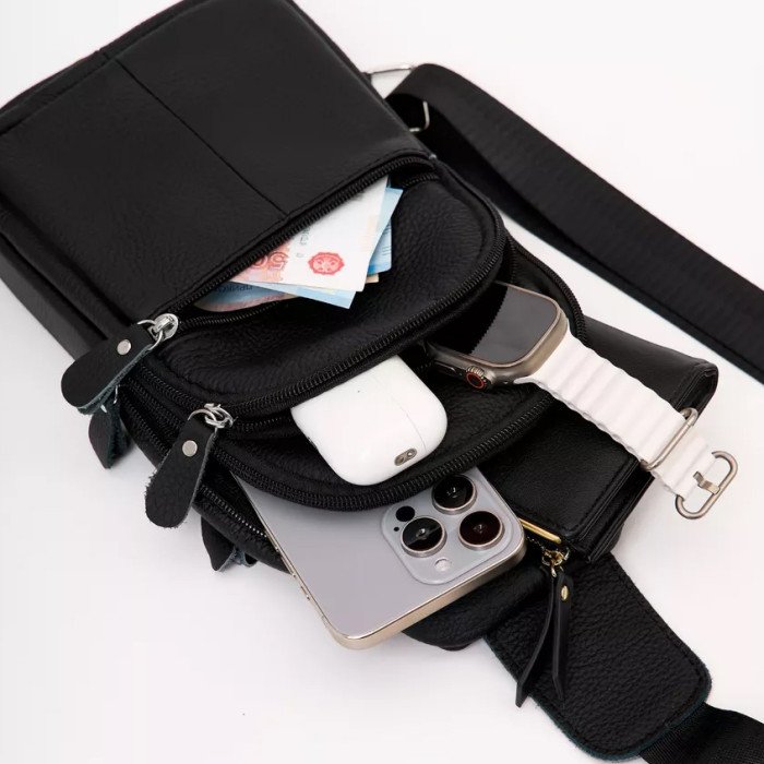 Стильна чоловіча шкіряна сумка через плече, натуральна шкіра флотар, якісна фурнітура