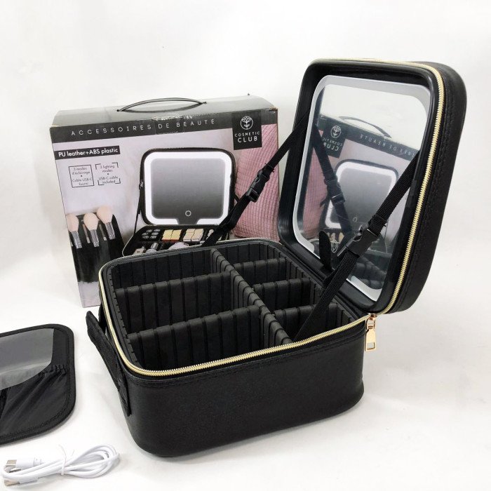 Портативна косметичка органайзер дорожній бьюті кейс з ручкою для перенесення дзеркалом та світлодіодним LED-підсвічуванням