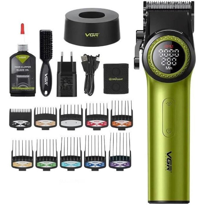 Професійна машинка для стрижки волосся VGR V-001 з дисплеєм 9000 об/хв та 10 насадками. Колір: зелений
