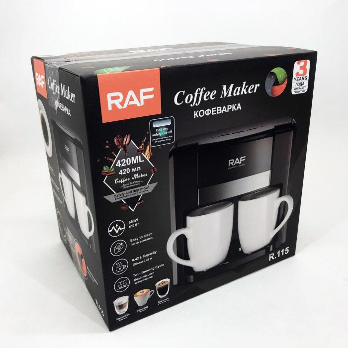 Кавоварка 2 чашки напівавтоматична RAF R.115 650 Вт, Кавова кавоварка електрична для кухні