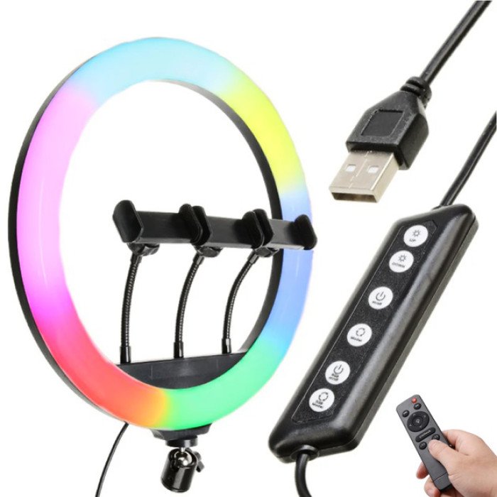 Кільцева LED лампа RGB MJ45 Ring 45 см комплектація адаптер із вбудованим кабелем, тримачі для телефону, пульт