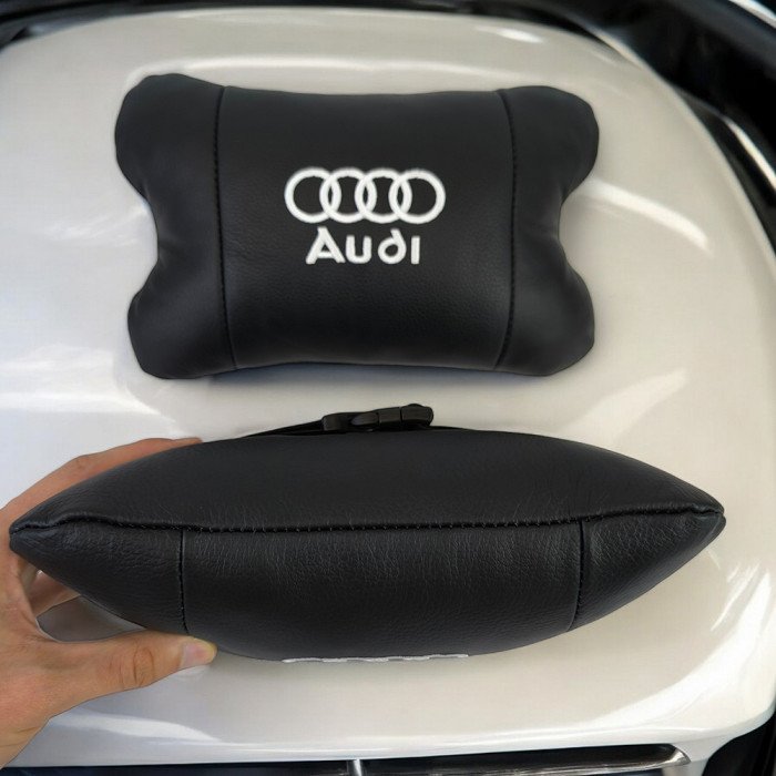 Автомобільна подушка для підголівника Audi – чорна натуральна шкіра