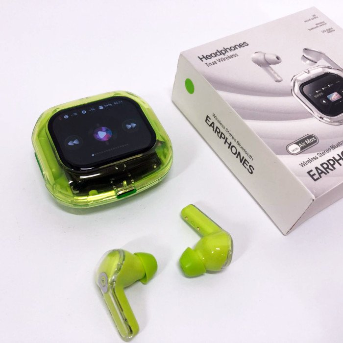 Бездротові вакуумні навушники TWS з дисплеєм LED, вологозахист IPx4 Bluetooth 5.4 з кейсом. Колір: зелений