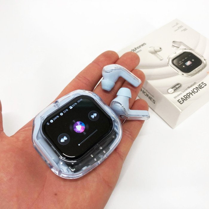 Бездротові вакуумні навушники TWS з дисплеєм LED, вологозахист IPx4 Bluetooth 5.4 з кейсом. Колір: блакитний