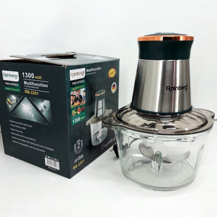 Блендер стаціонарний Rainberg RB-2201 кухонний подрібнювач 1300W чаша скляна на 2 л подвійне лезо чоппер