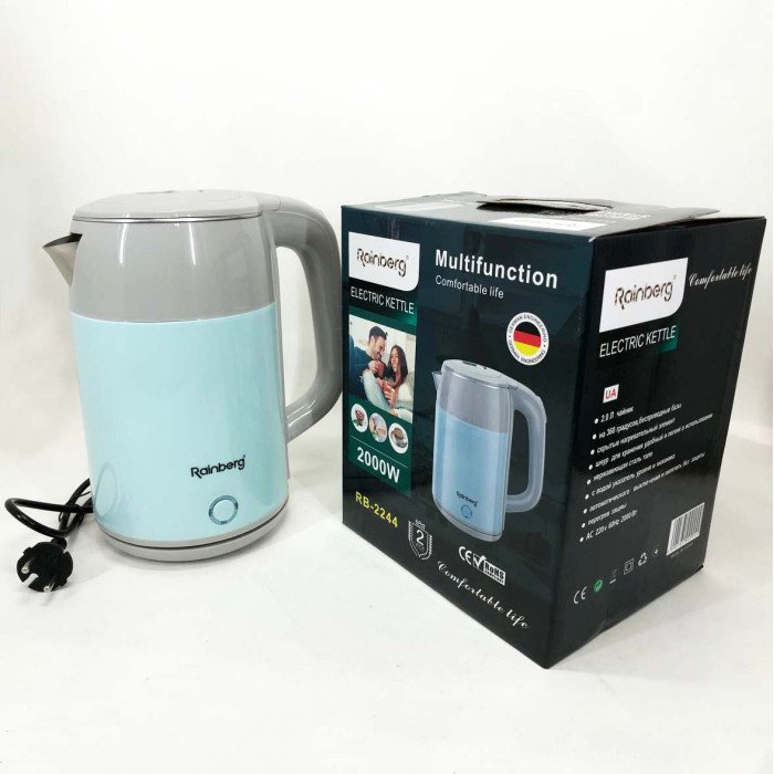 Електрочайник дисковий Rainberg RB-2244 2000 Вт 2л, стильний електричний чайник. Колір: блакитний
