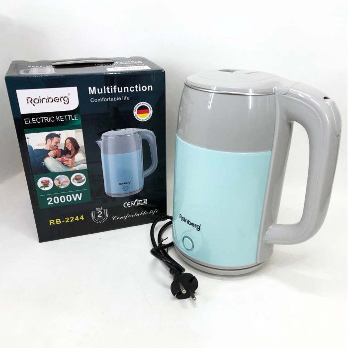 Електрочайник дисковий Rainberg RB-2244 2000 Вт 2л, стильний електричний чайник. Колір: блакитний
