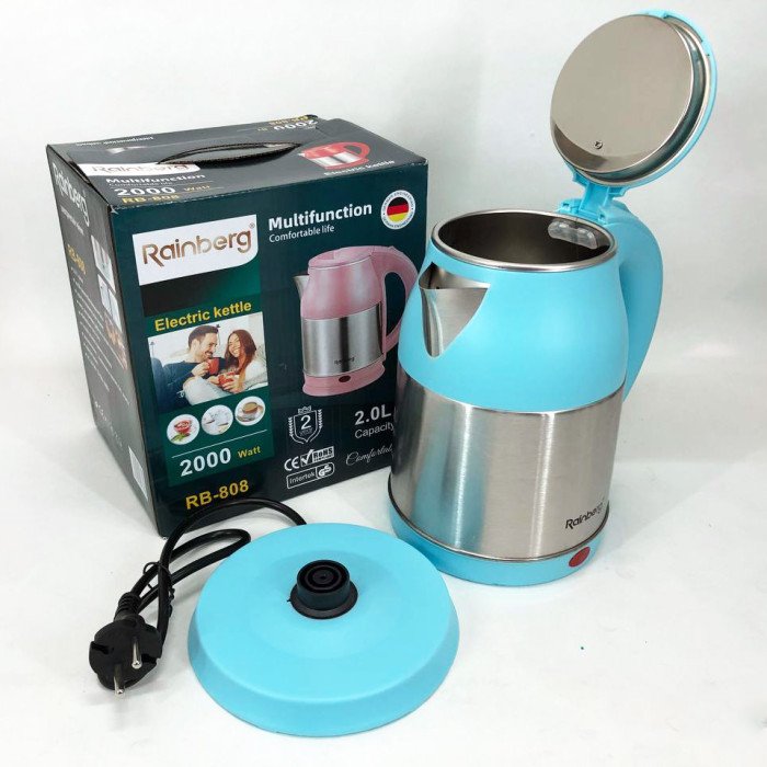 Електрочайник Rainberg RB-808 2 л нержавіюча сталь. Колір: блакитний