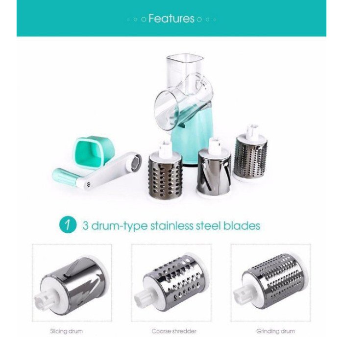 Овочерізка мультислайсер Tabletop Drum Grater Kitchen Master Терка для овочів та фруктів 3 насадки. Колір: блакитний